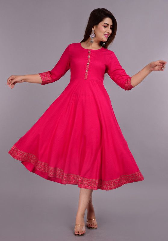 Women Solid Cotton Blend Flared Kurta  (Pink)