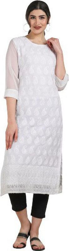 Women Printed Georgette Straight Kurta  (White)