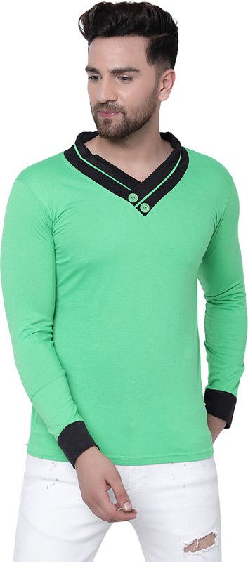 Men Colorblock Shawl Neck Cotton Blend Green T-Shirt