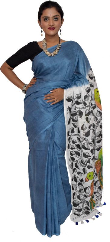 Hand Painted, Floral Print Bhagalpuri Cotton Linen Saree  (Light Blue, White)