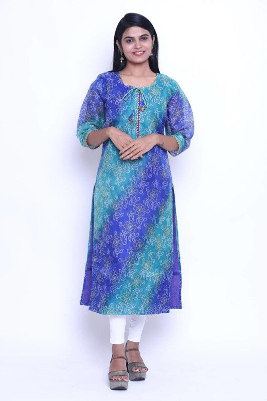 Women Bandhani Cotton Blend Straight Kurta  (Multicolor)