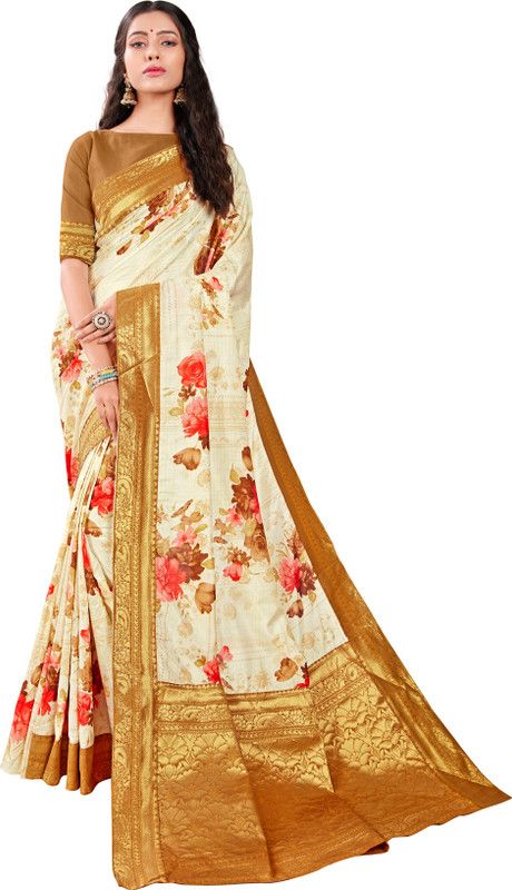 Printed Bollywood Silk Blend Saree  (Gold, Black)