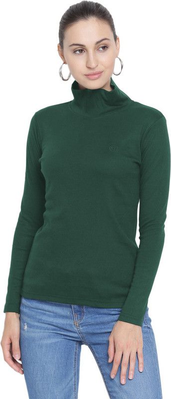 Women Solid High Neck Poly Cotton Green T-Shirt