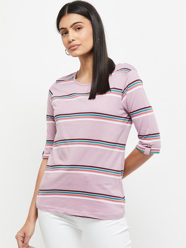 Women Striped Round Neck Pure Cotton Purple T-Shirt