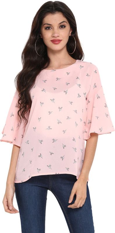 Party Bell Sleeves Animal Print Women Pink Top