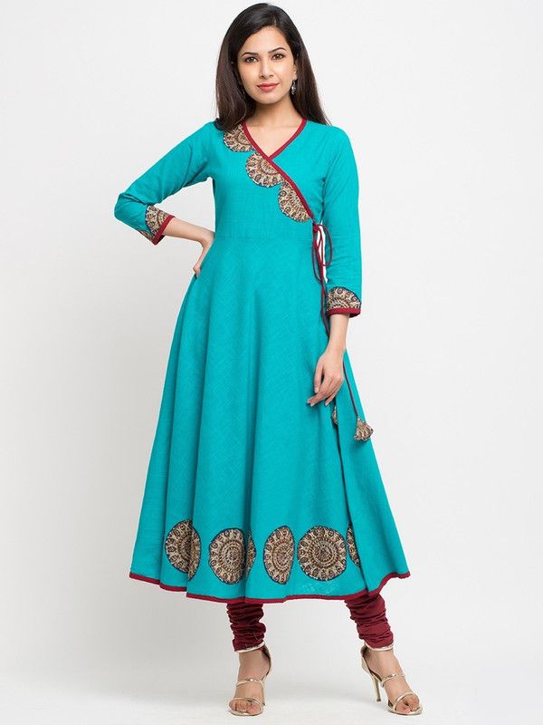 Women Printed Cotton Blend Flared Kurta  (Dark Green)