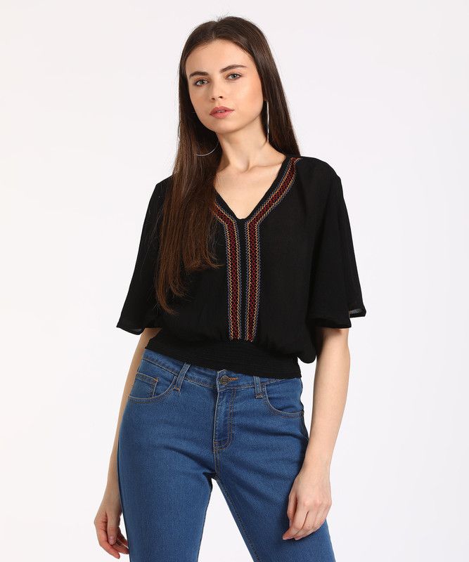 Casual Flared Sleeves Embroidered Women Black Top
