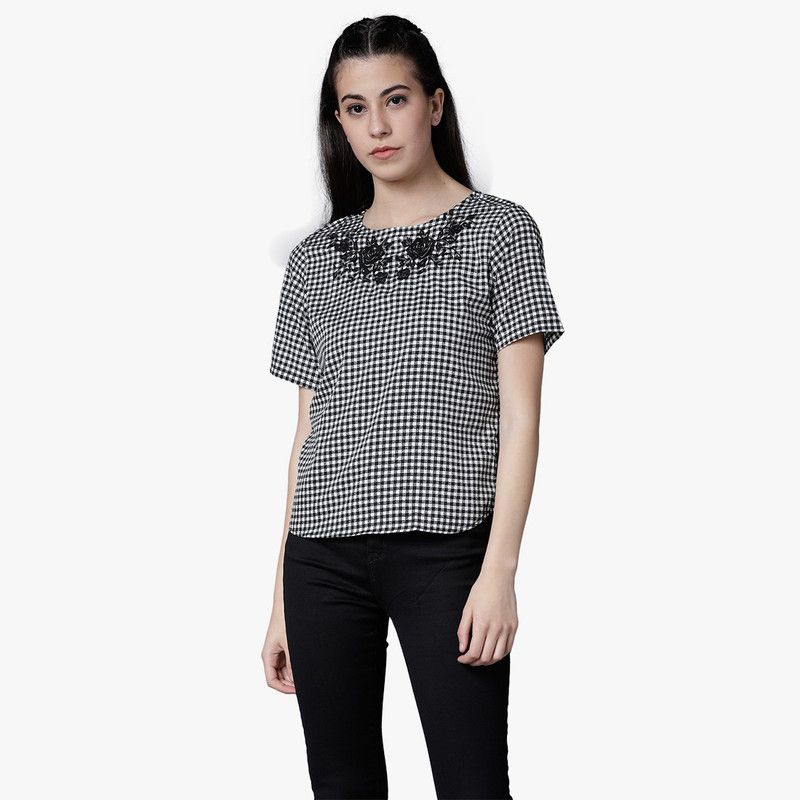 Casual Regular Sleeves Printed, Embroidered Women White, Black Top