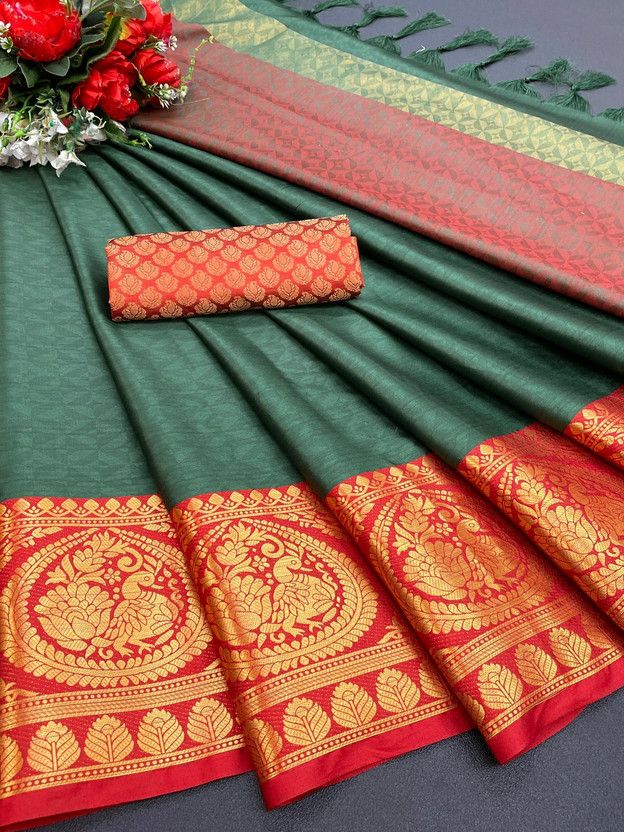 Woven Mysore Pure Silk, Cotton Silk Saree  (Dark Green)