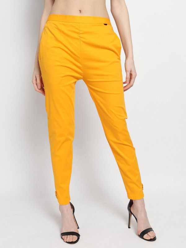 Women Slim Fit Yellow Cotton Blend Trousers