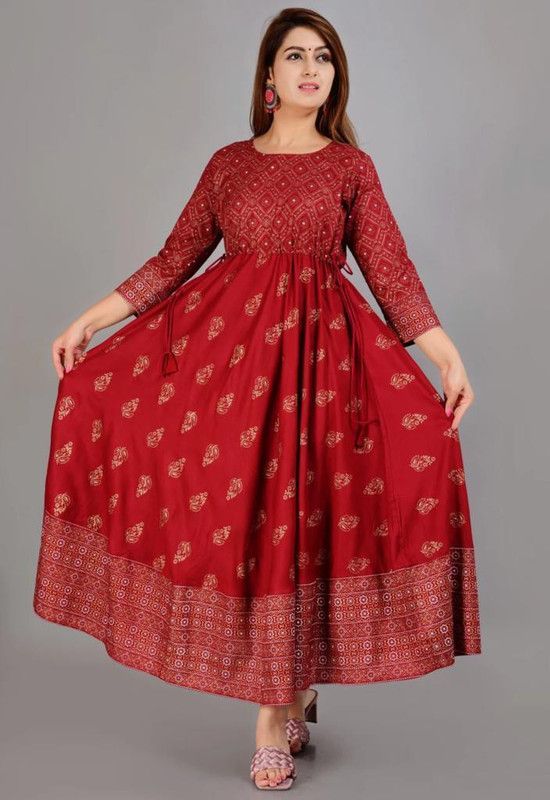Women Floral Print Viscose Rayon Anarkali Kurta  (Red)