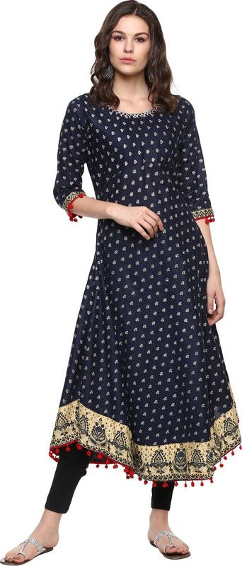 Women Printed Cotton Blend A-line Kurta  (Dark Blue, Beige)