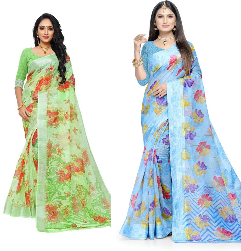 Floral Print Daily Wear Pure Cotton Saree  (Pack of 2, Multicolor)