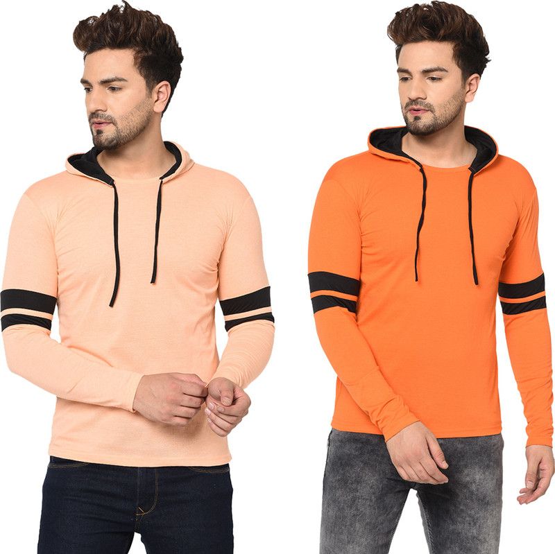 Pack of 2 MZM Men Solid Hooded Neck Cotton Blend Orange, Beige T-Shirt
