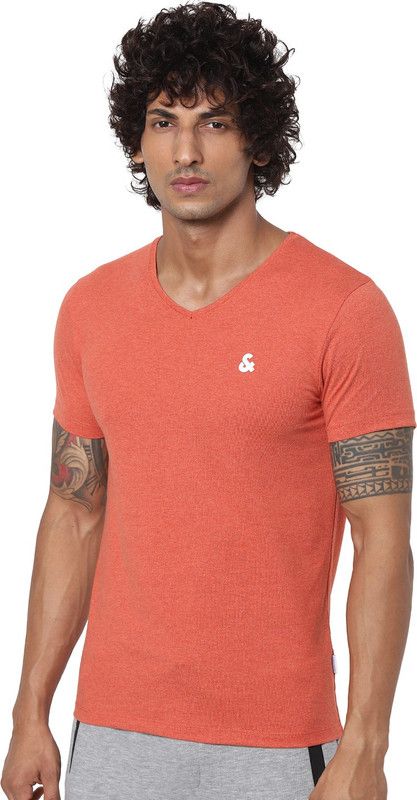 Men Solid V Neck Cotton Blend Orange T-Shirt