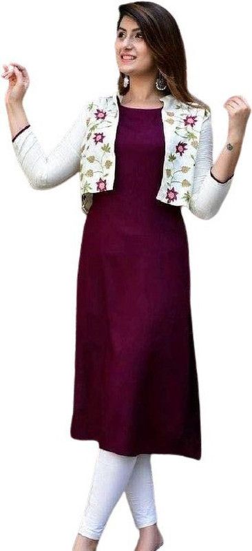 Women Solid Viscose Rayon Straight Kurta  (White, Maroon)