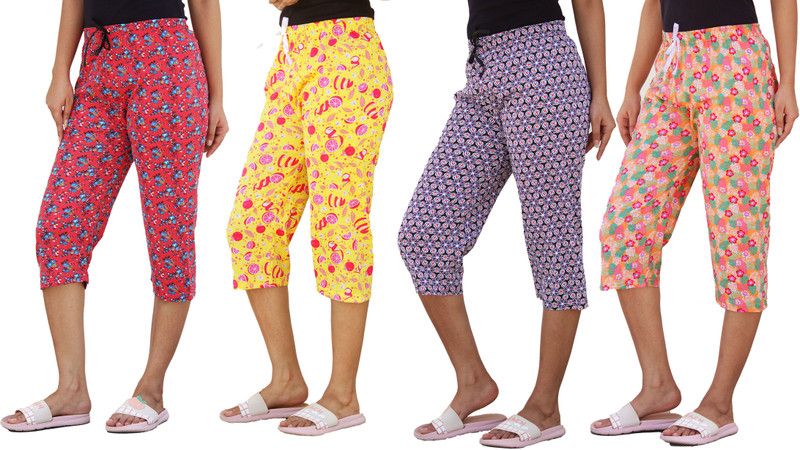 Women's Cotton Capri Night Pajama Pants 3/4th Pyjama (Pack of 4) Women Multicolor Capri