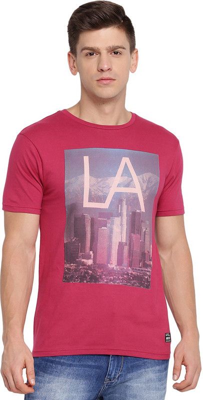Men Printed Crew Neck Pure Cotton Pink T-Shirt