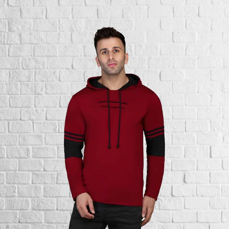 Men Colorblock Hooded Neck Cotton Blend Maroon T-Shirt