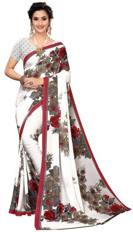 Printed, Solid/Plain Daily Wear Georgette Saree  (White, Maroon)