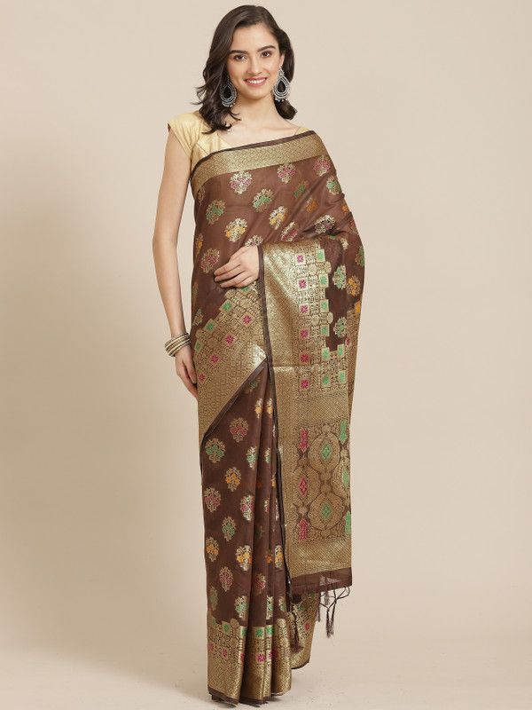 Self Design, Embellished, Woven Chanderi Cotton Silk, Jacquard Saree  (Brown)