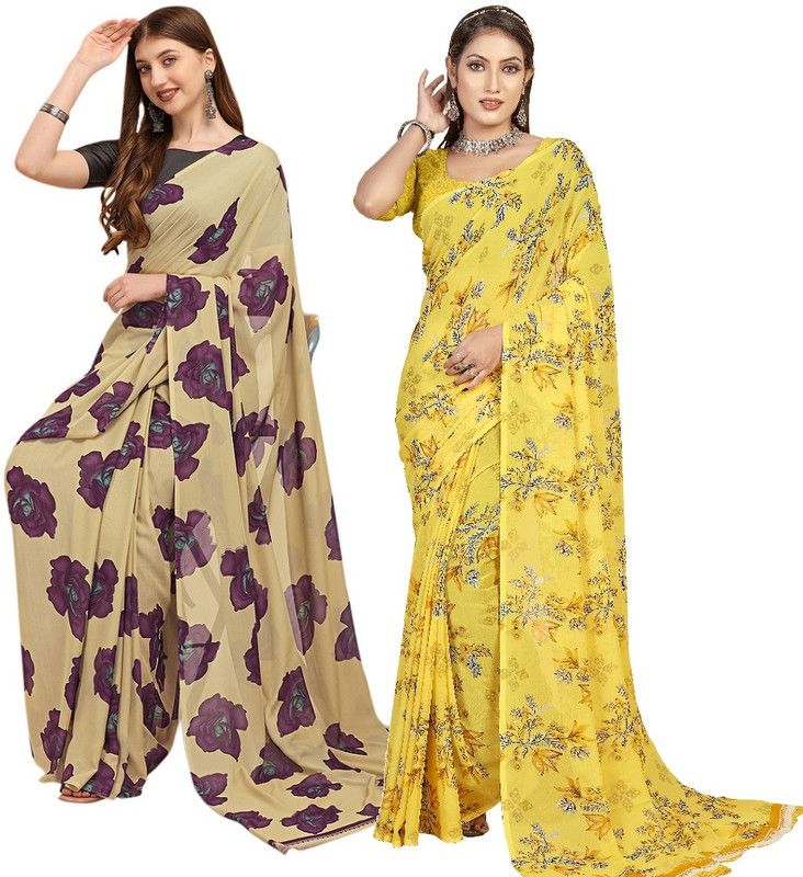 Floral Print Daily Wear Georgette Saree  (Pack of 2, Beige, Yellow)