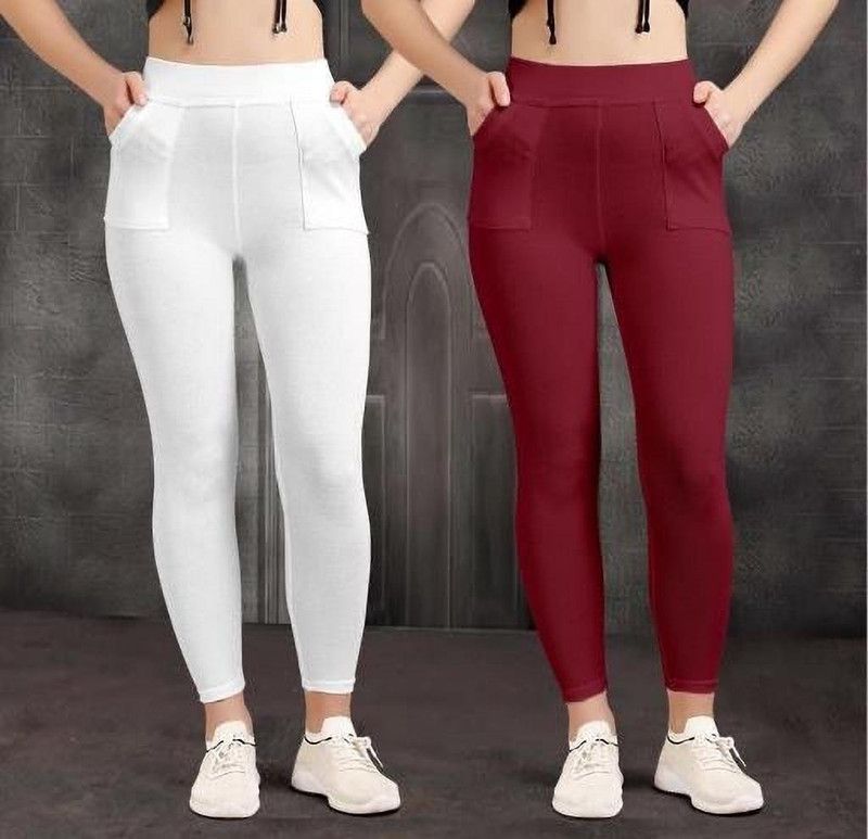 WHICNOT White, Maroon Jegging  (Solid)