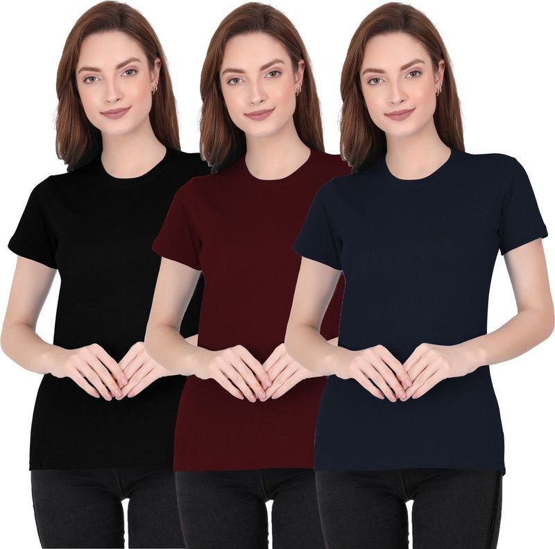 Pack of 3 Women Solid Round Neck Cotton Blend Maroon, Blue, Black T-Shirt