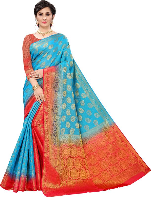 Woven Kanjivaram Nylon, Silk Blend Saree  (Light Blue)