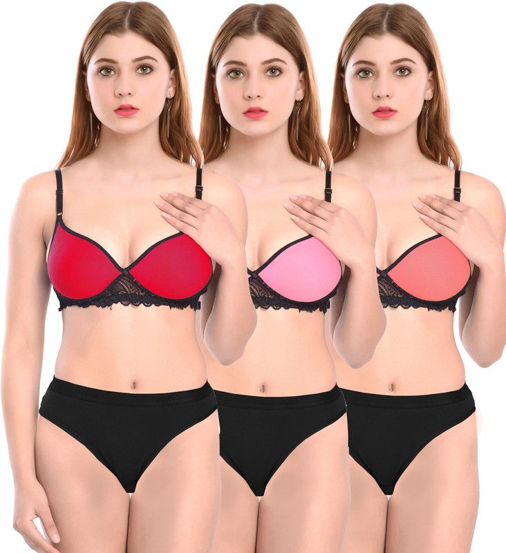 Bra & Panty Set Solid Red, Pink, Orange Lingerie Set
