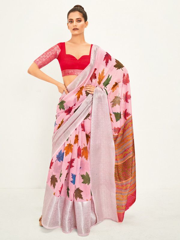Geometric Print Chanderi Cotton Blend Saree  (Pink)
