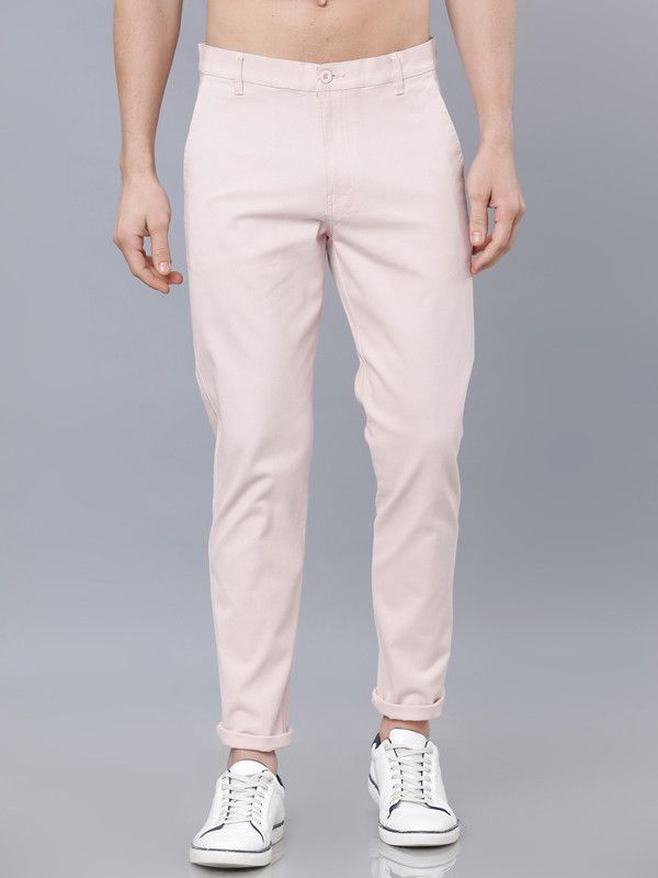 Men Slim Fit Pink Cotton Blend Trousers