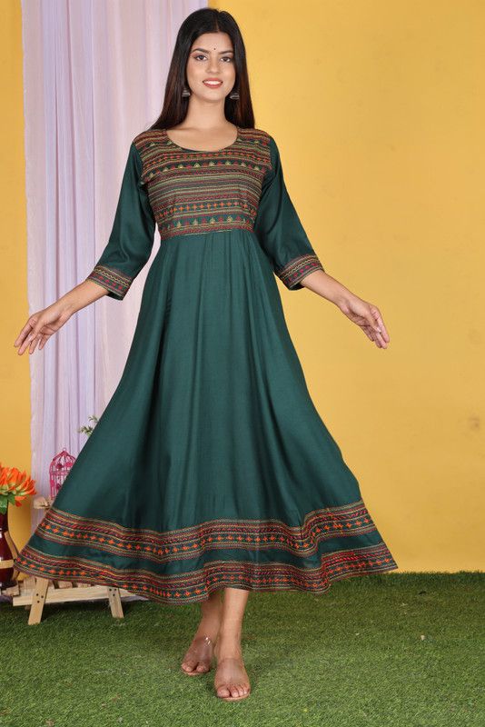 Women Embroidered Cotton Rayon Anarkali Kurta  (Dark Green)