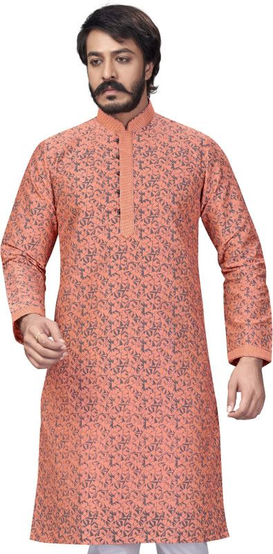 Men Printed Cotton Silk Straight Kurta  (Orange)
