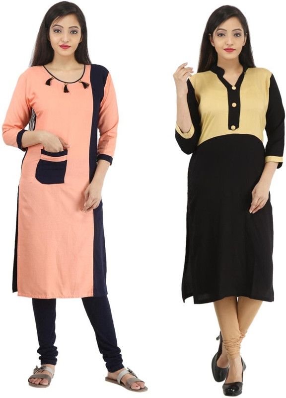 Pack of 2 Women Colorblock Cotton Rayon Straight Kurta  (Multicolor)