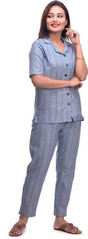 Women Shirt & Pyjama set Light Blue Striped