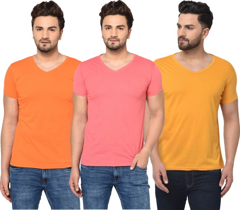 Pack of 3 Men Solid V Neck Cotton Blend Pink, Orange, Yellow T-Shirt