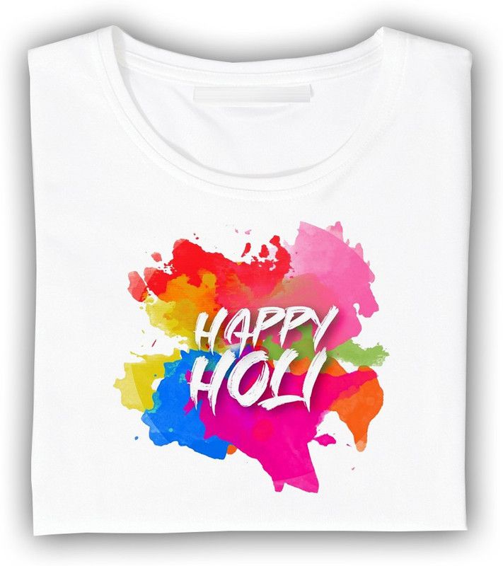 HoliTshirt_L_018 Men Printed Round Neck Poly Cotton White T-Shirt