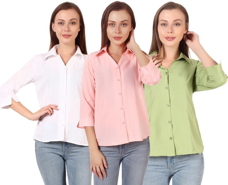 Women Regular Fit Solid Built-up Collar Casual Shirt  (Pack of 3)