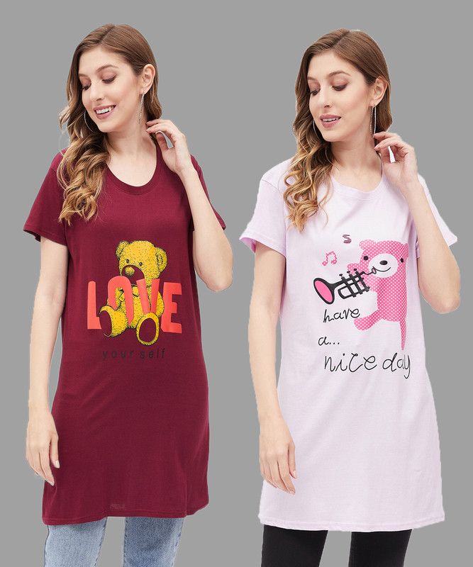 Pack of 2 Women Printed Round Neck Pure Cotton Pink, Maroon T-Shirt