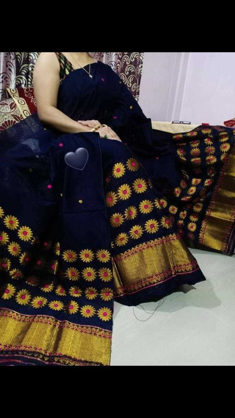 Embellished Mekhela Chador Cotton Blend Saree  (Dark Blue)