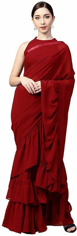 Solid/Plain Bollywood Georgette, Silk Blend Saree  (Maroon)