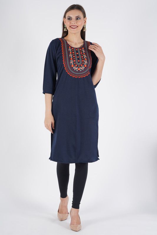 Women Embroidered Wool Straight Kurta  (Dark Blue)