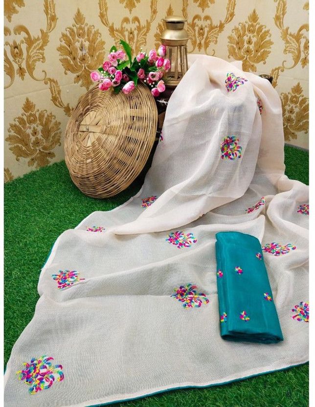 Embroidered Kanjivaram Linen Saree  (White)