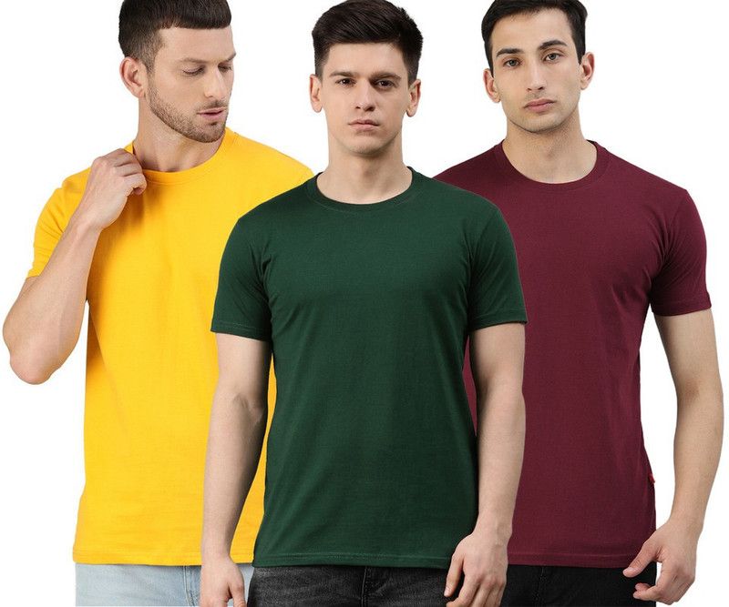 Pack of 3 Men Solid Round Neck Pure Cotton Green, Maroon, Yellow T-Shirt