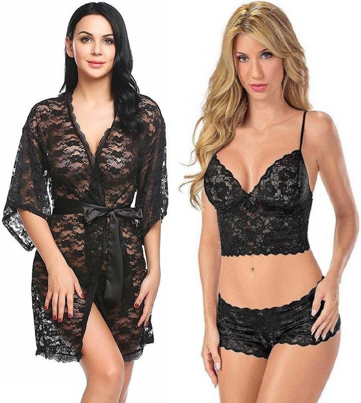Pack of 2 Women Robe and Lingerie Set  (Black, Black)