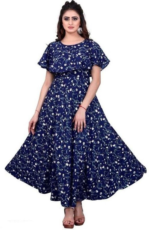 Women Floral Print Crepe Gown Kurta  (Blue)