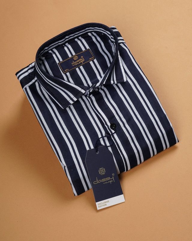 Men Striped Casual White, Blue Shirt