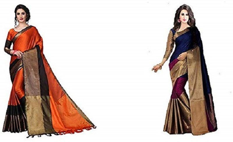 Color Block Bollywood Cotton Silk Saree  (Pack of 2, Dark Blue, Orange)