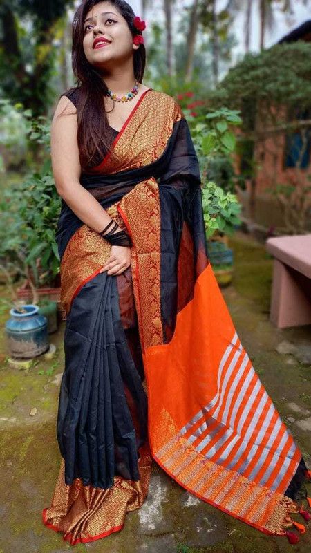 Self Design Bollywood Cotton Silk Saree  (Black, Orange)